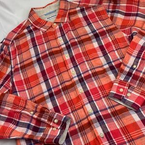 Tommy Bahama 100% Linen Mens L Pink Orange Blue Plaid Long Sleeve Button Shirt